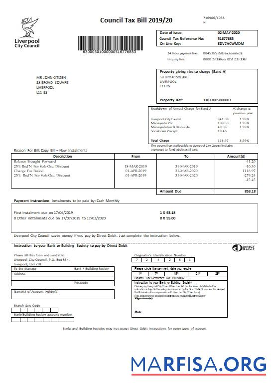 Blank United Kingdom Liverpool City Council tax bill template in Word format